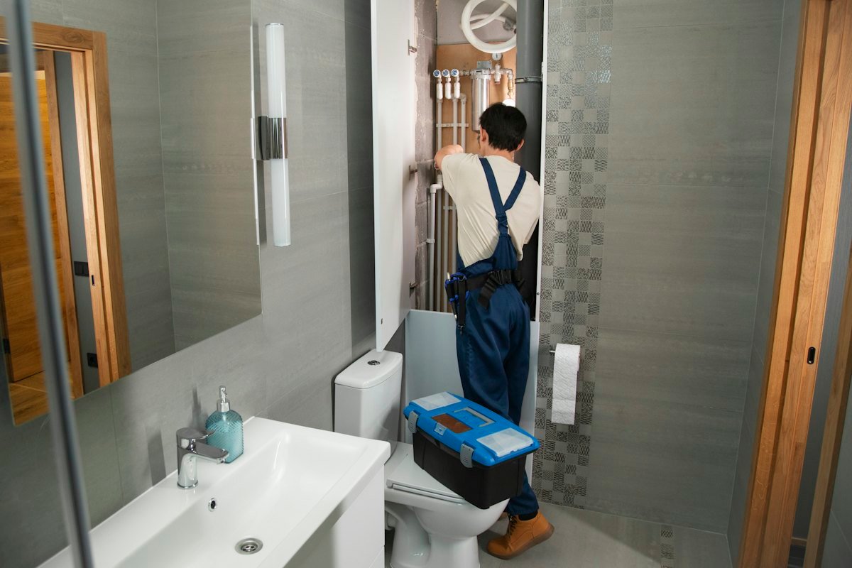 Idraulico al lavoro in un bagno moderno